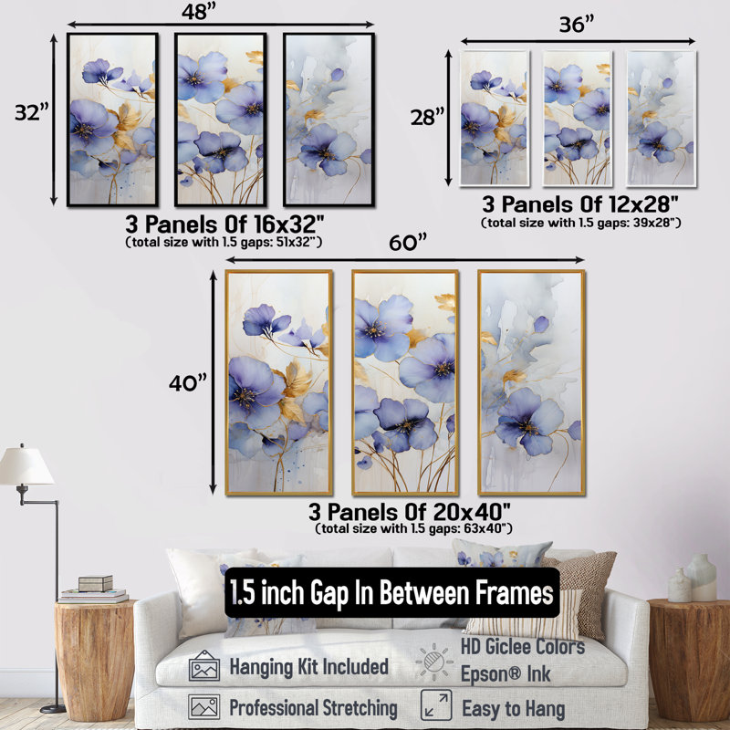 Ensemble de salon violet et or, Cadre flottant blanc, H 28 po x l 36 po x P 1 po