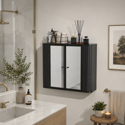 Farmhouse Wall Mounted Bathroom Cabinet with Mirror, 2 Mirrored Doors & Open Shelf, Rustproof Metal Frame Vanity Storage Cabinet, Over-Toilet & Over-Sink Organizer for Multi-Room Use