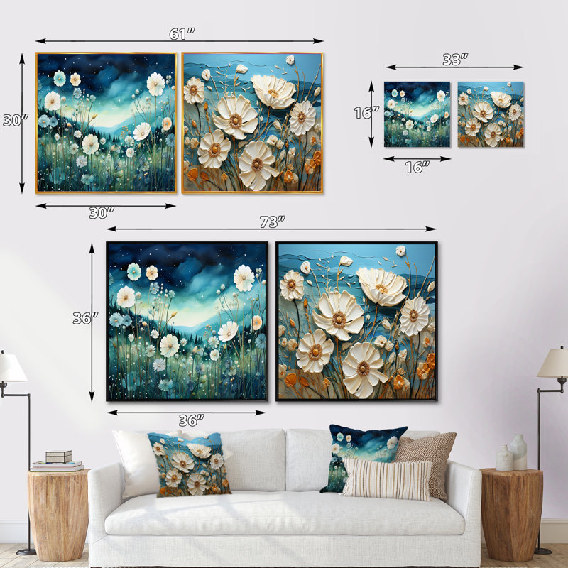 Misty Flower Meadows IV - ensemble de 2 collages floraux carrés, Cadre flottant blanc, H 36 po x l 73 po