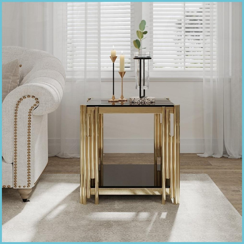 Table basse en acier inoxydable doré Glam - Plateau en verre trempé facile à nettoyer pour le salon et amp; Chambre à coucher
