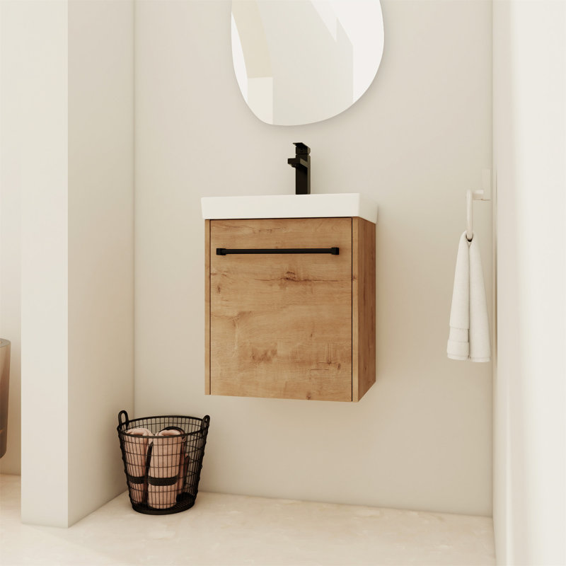 Meuble-lavabo flottant mural 18 po avec lavabo en céramique et porte d'armoire à fermeture douce, Imitation chêne