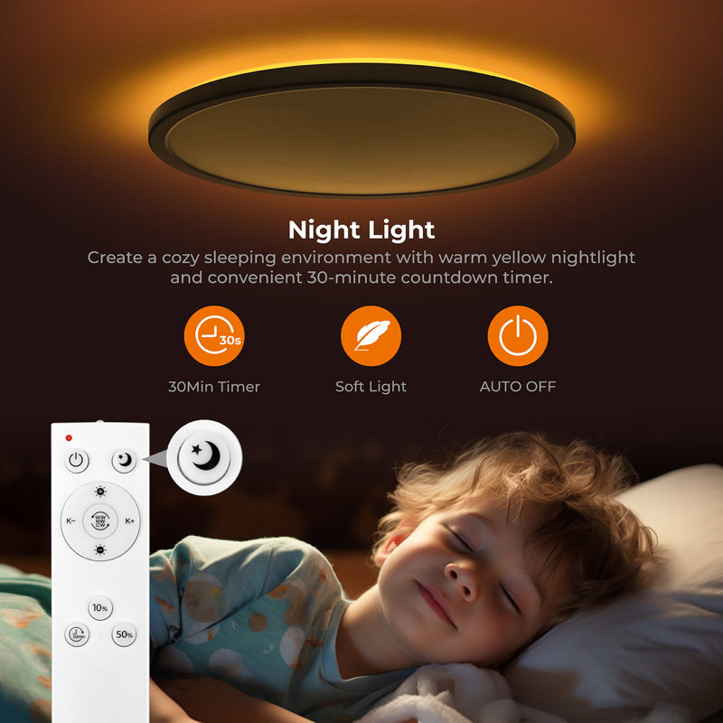 Dimmable LED Flush Mount Ceiling Light with Remote Control Night Light, 36 W, 0.98" H x 15.4" W x 15.4" D