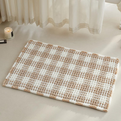 BULULOM Waffle Bath Mat, Boho Bathroom Rugs Non Slip Washable Super Absorbent Quick Dry Bath Mat Farmhouse Bathroom Decor, 20"x30" White & Khaki