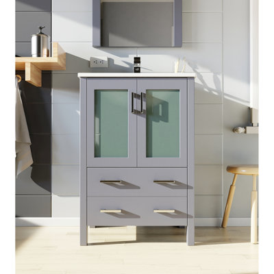 24 In. W Dark Grey Bath Vanity Featuring White Ceramic Top, 22 Wall - Mounted Rounded Mirror, Soft Closing Functionality, And Ample Storage Wide Equipped With Standing Beveled Shut Mechanism, Stain