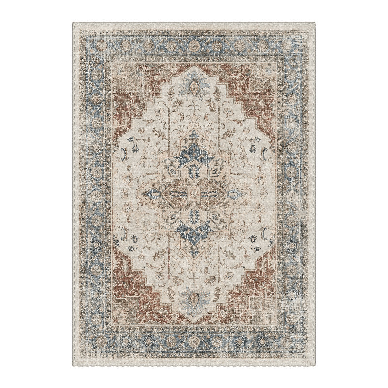 Medallion Traditional Floral Machine Washable Orange / Blue / Beige Indoor Area Rug with Non-Slip Backing, Rectangle 9' x 12'