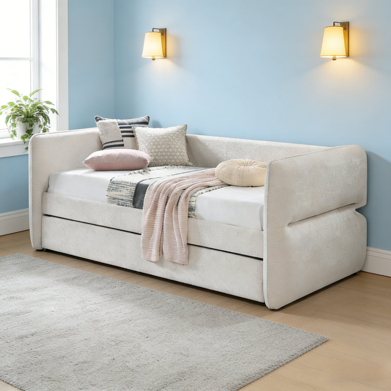 Pull Out Bed, Upholstered Daybed With Pull Out Trundle, Bed Frame With Button Tufted Nailhead Trim, No Box Spring Needed