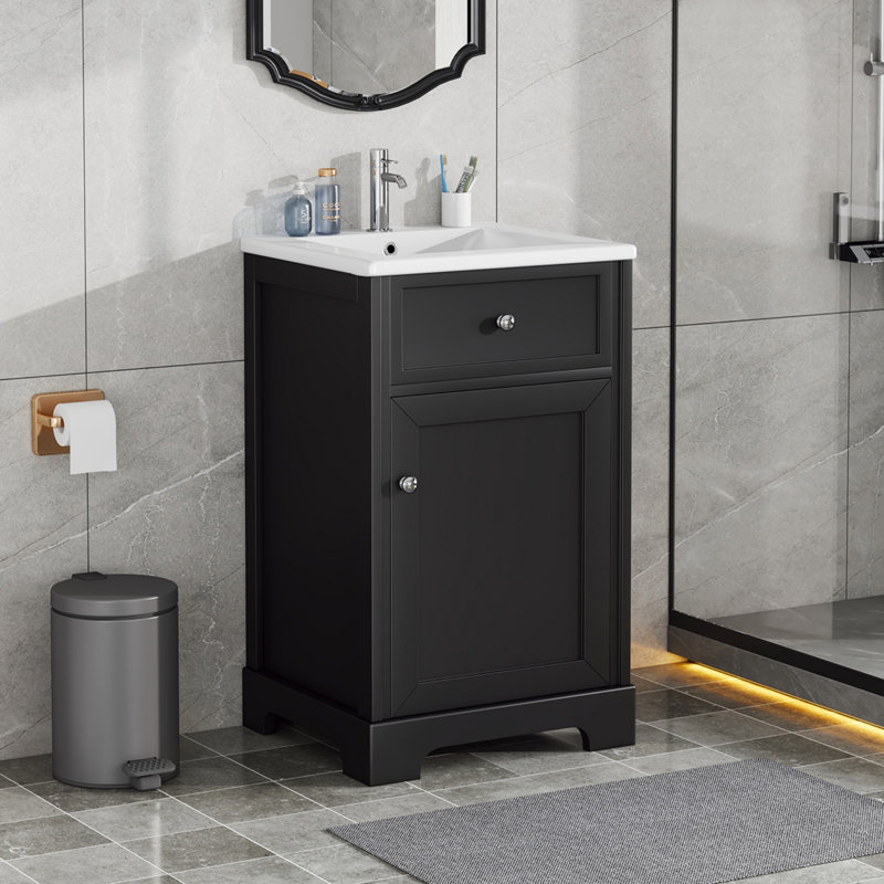 Meuble-lavabo autoportant de 20 po avec lavabo en céramique et tablette de rangement