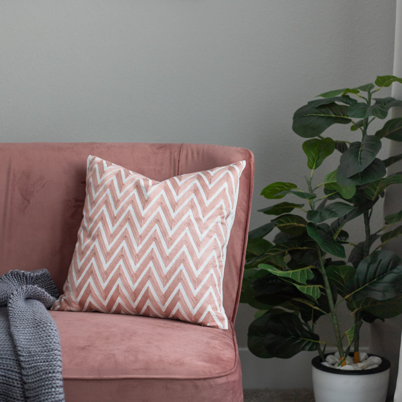 Embroidered Pillow Cover, Chevron, Pink/White