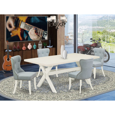 9 Piece Dining Table Set Includes a Rectangle Dining Room Table with X-Legs and 8 Baby Blue Linen Fabric Upholstered Chairs, Wire Brushed Linen White