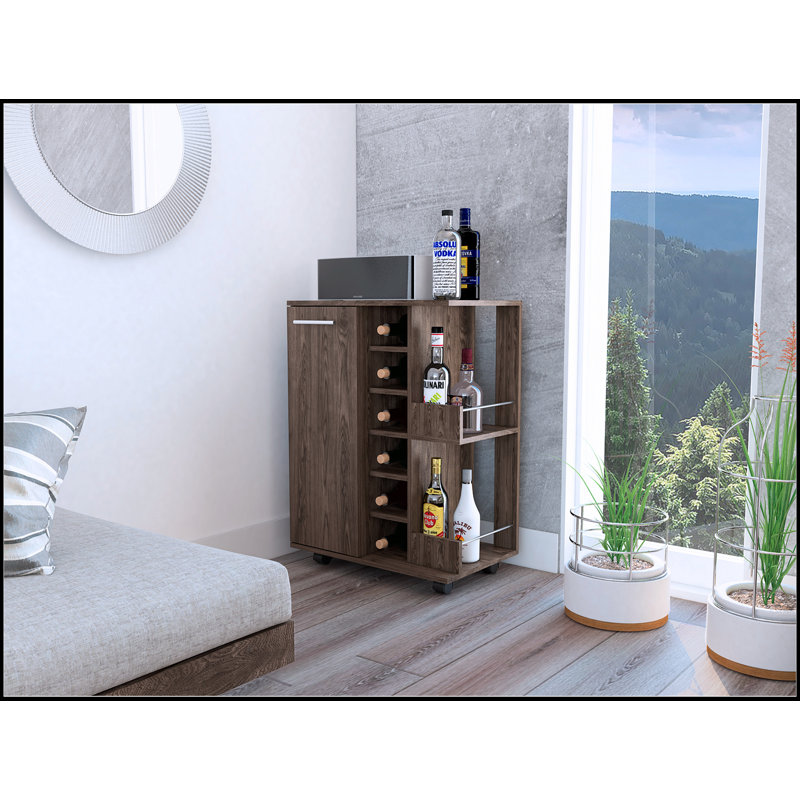 Bartlet 2-Shelf 6-Bottle Bar Cart with Dark Walnut Finish and Lockable Casters for Easy Mobility, Brown