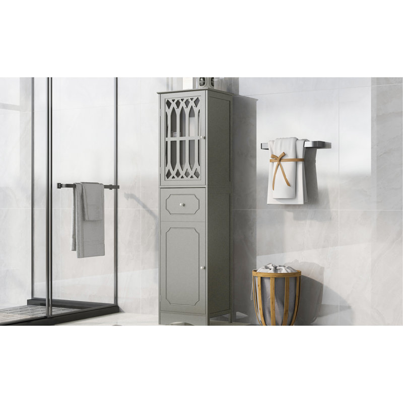 Armoire de salle de bain à panneau haut - gris avec tiroir, portes et armoire à tablettes réglables