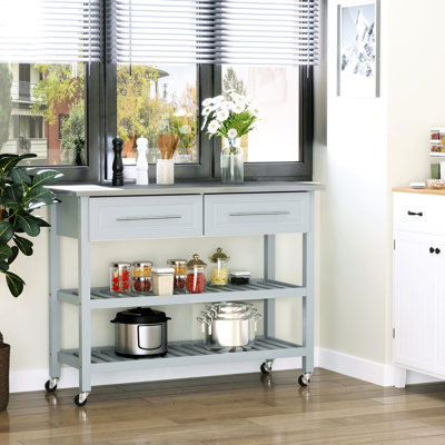 Kitchen Island with Stainless Steel Top, Traditional Kitchen Island with Storage, 2-Tier Open Shelves, Drawers, Light Gray