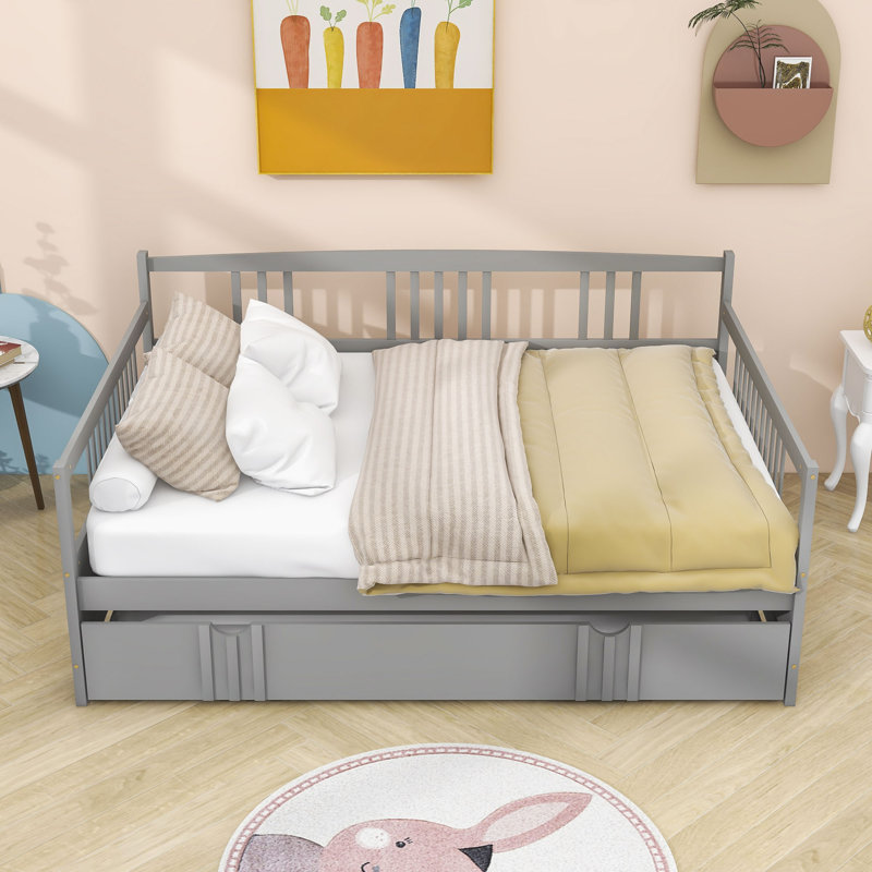Jaye Wooden Daybed with Twin Size Trundle, Full, Gray
