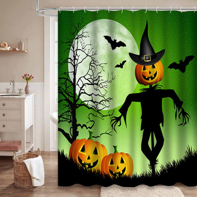 Happy Halloween Party Scarecrow Black Shower Curtain with 12 Hooks