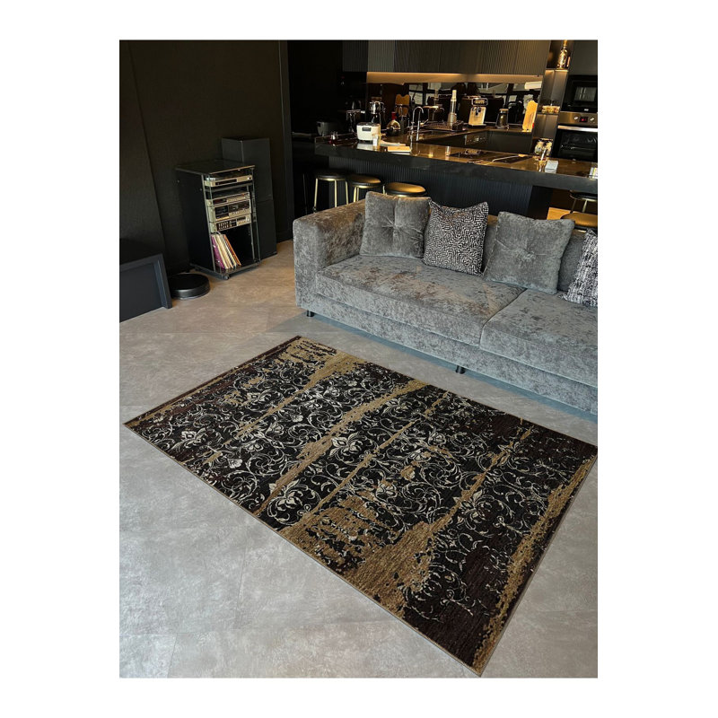Tapis noir lavable décoratif à motif traditionnel noir, Sous-tapis rectangulaire de 3 pi 3 po x 6 pi 7 po