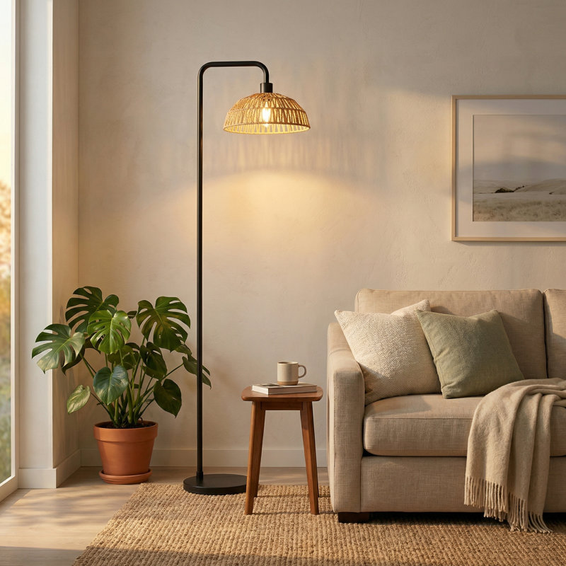 Sandy Black Arc Floor Lamp with Rattan Shade