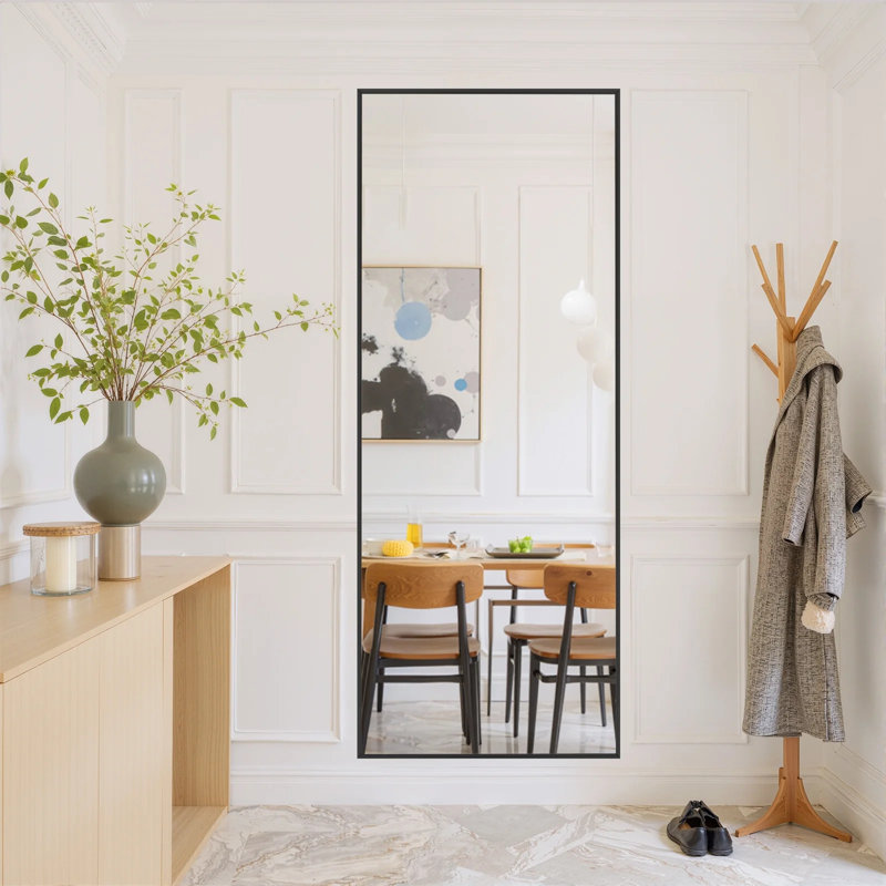 Miroir pleine grandeur avec support, miroir de plancher avec alliage d'aluminium, miroir complet en verre trempé, miroir autoportant ou mural ou de porte pour le salon