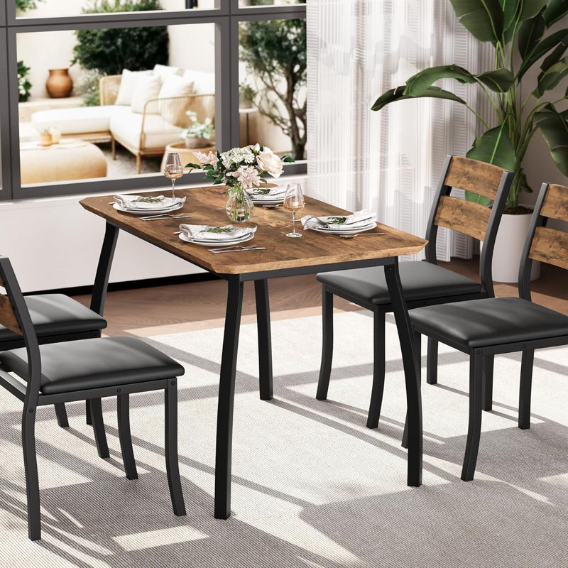 5-Piece Dining Set, Dining Table Set for 4, Table & Chair Set for Home, Apartment w/ 4 Chairs, Padded Seats & Backrests, Metal Frame, Space-Saving Design, Smooth Easy-to-Clean Surface