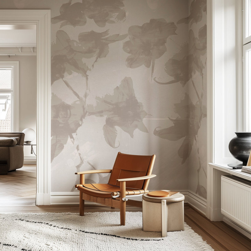 Abstract Black and Off White Floral Wallpaper, Beige
