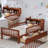  Twin Bed with Headboard Storage Rack, Under-Bed Storage and Three-Side Guardrails, Walnut-1778308552