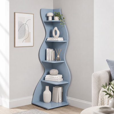 5 Tier Corner Shelf, Modern S-Shaped Corner Bookshelf, Freestanding Display Storage Rack, Space Saving Bookcase for Living Room, Bedroom, Home Office