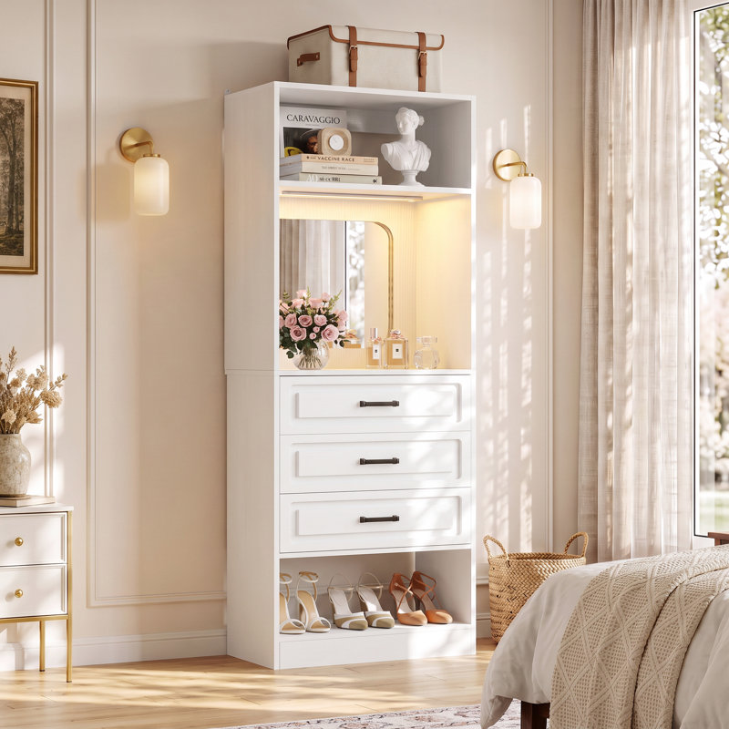 Système de rangement pour garde-robe avec éclairage DEL et miroir, organisateur de placard à 3 tiroirs ouverts, Blanc