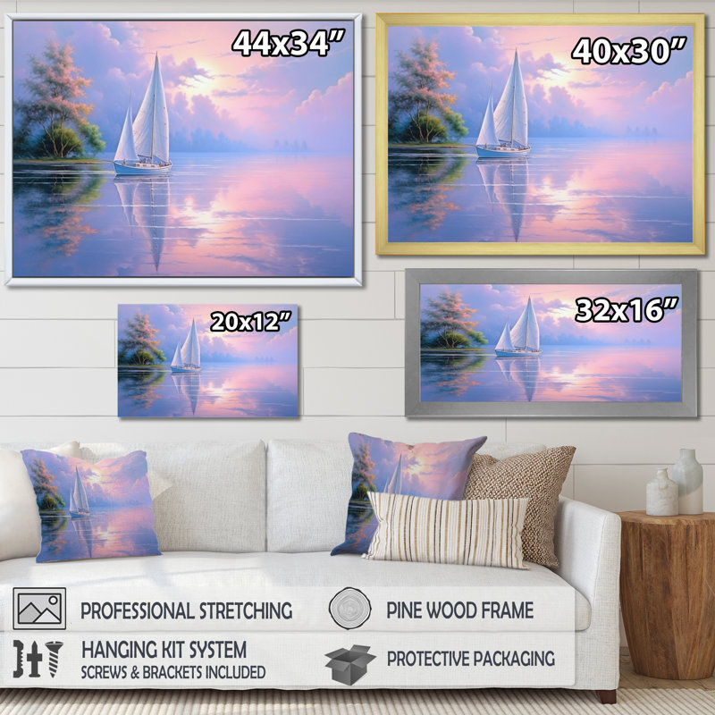 Voilier, voile, sérénade III sur toile, H 34 po x l 44 po x P 1,5 po, Cadre flottant blanc