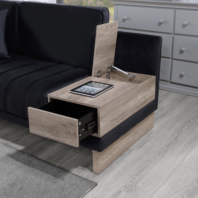 Canapé-lit modulaire réversible en velours noir de 122,5 po avec compartiment de rangement, tiroir, ports USB et prises de recharge