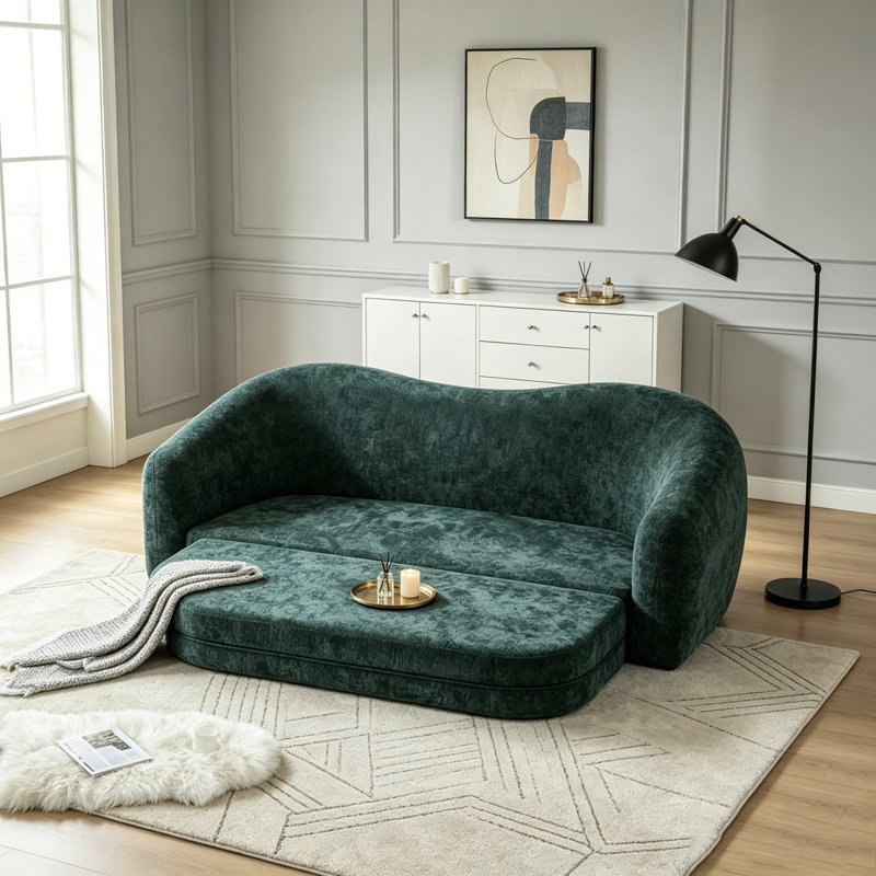 Canapé inclinable incurvé convertible, canapé-lit 2 en 1 escamotable, avec base escamotable et siège profond, comprend deux coussins, fauteuil inclinable en chenille deux places