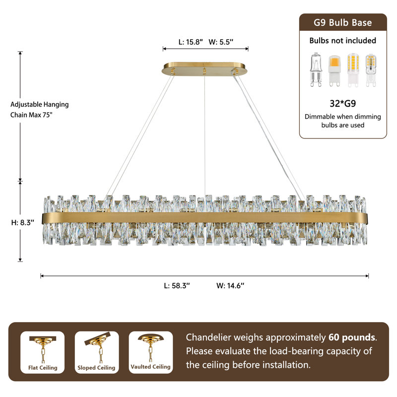 Dimmable Modern Square / Rectangle Crystals Chandelier, Gold