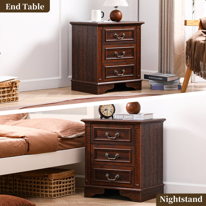 21.65'' Wide Nightstand With 3 Drawers, Dark Brown, Set of 1