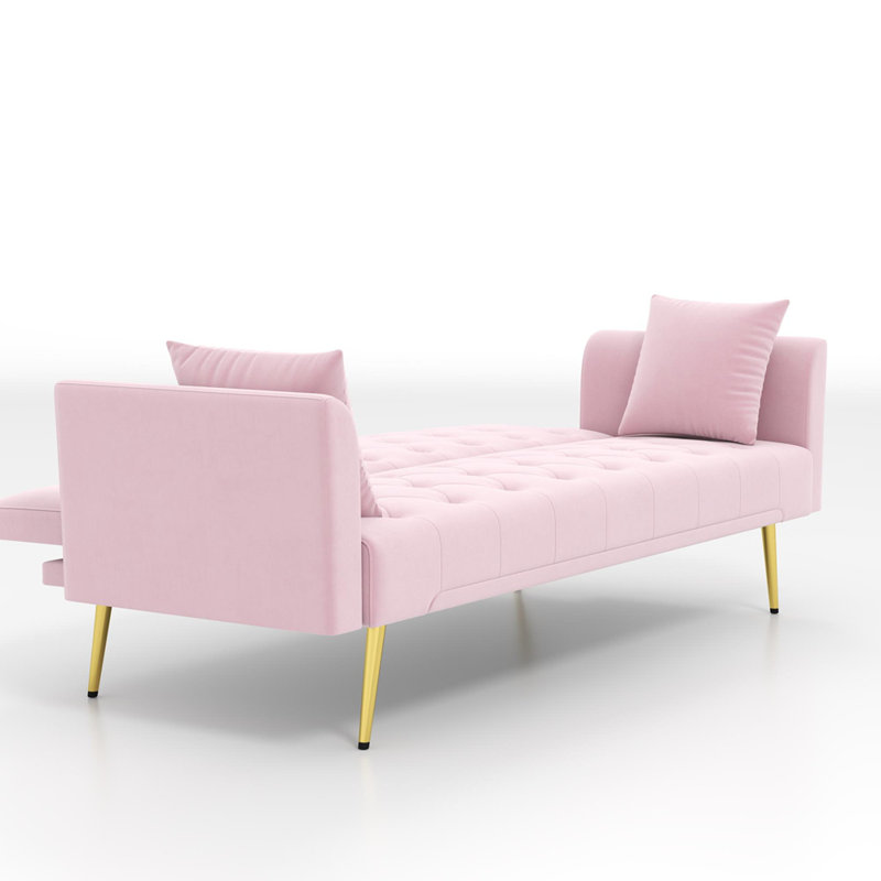 Canapé-lit moderne convertible pliable de 72 pouces avec un design capitonné, style rétro américain, velours rose, idéal pour les petits salons, les chambres à coucher et les bureaux.