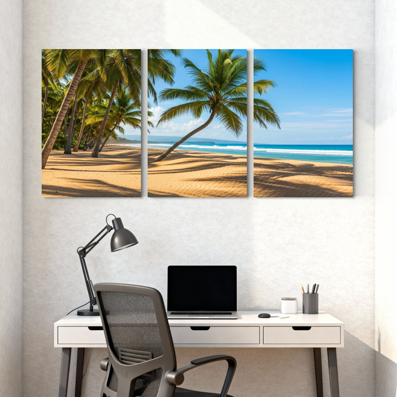 Palmiers, plage tropicale, palmiers, océan, ciel, sable, coucher de soleil, vibrations, ensemble de 3 impressions sur toile