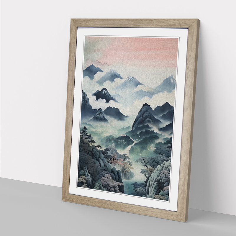 Japanese Mountains Contemporary - Framed Print, Oak , 64cm H x 46cm W x 2cm D