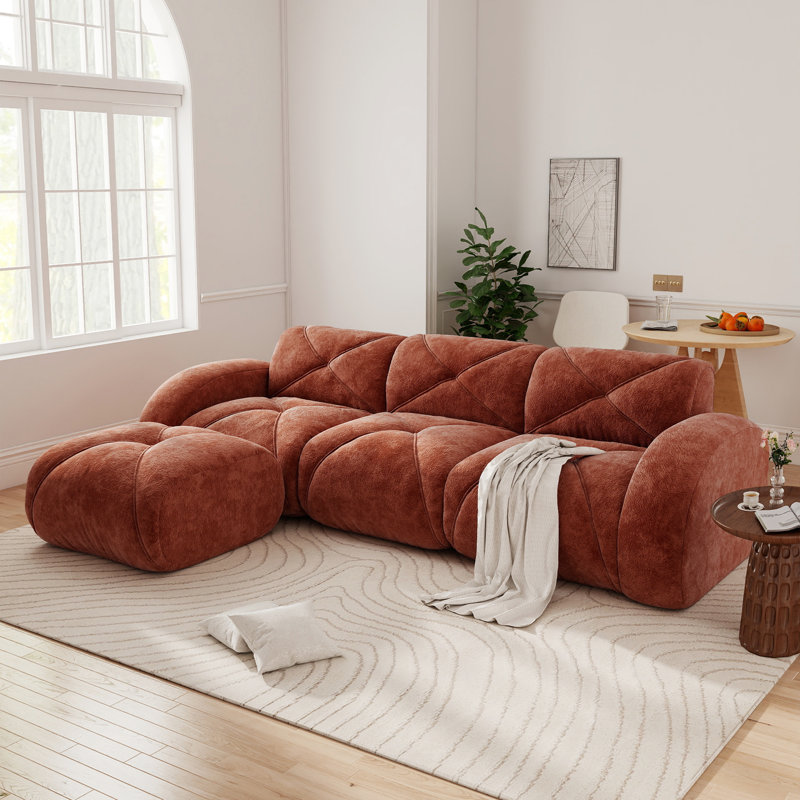 110.7" Upholstered L-Shaped Boneless Sectional With Ottoman, Red Velvet