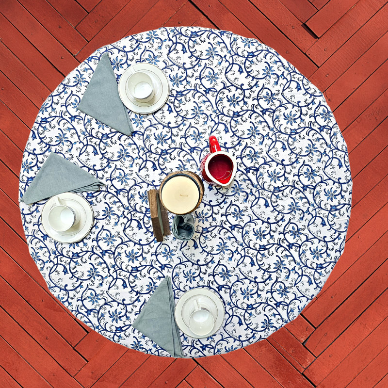 Floral Block Print Cotton Tablecloth Blue White Linen, 72" Round
