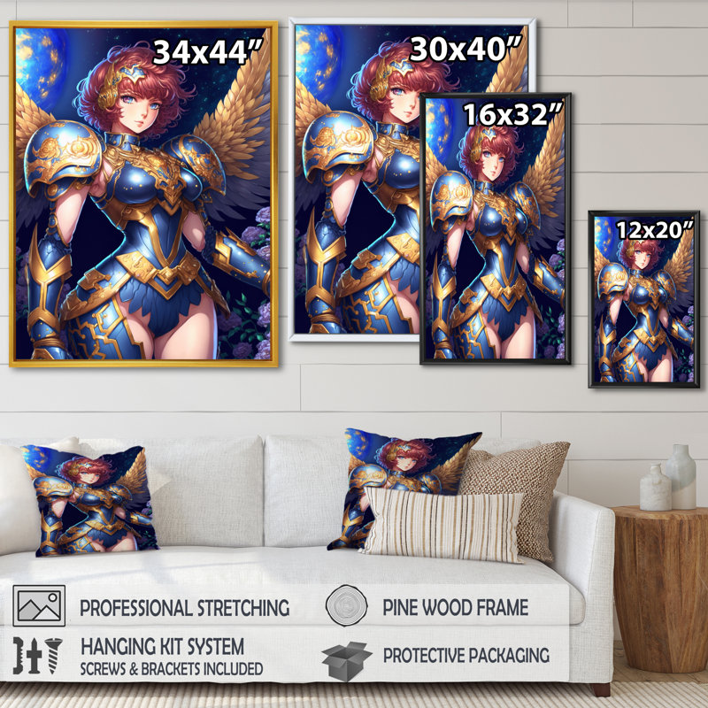 «Dustion Blonde» Seiya avec des ailes en bleu sur toile, H 40 po x l 30 po x P 1,5 po, Cadre flottant doré