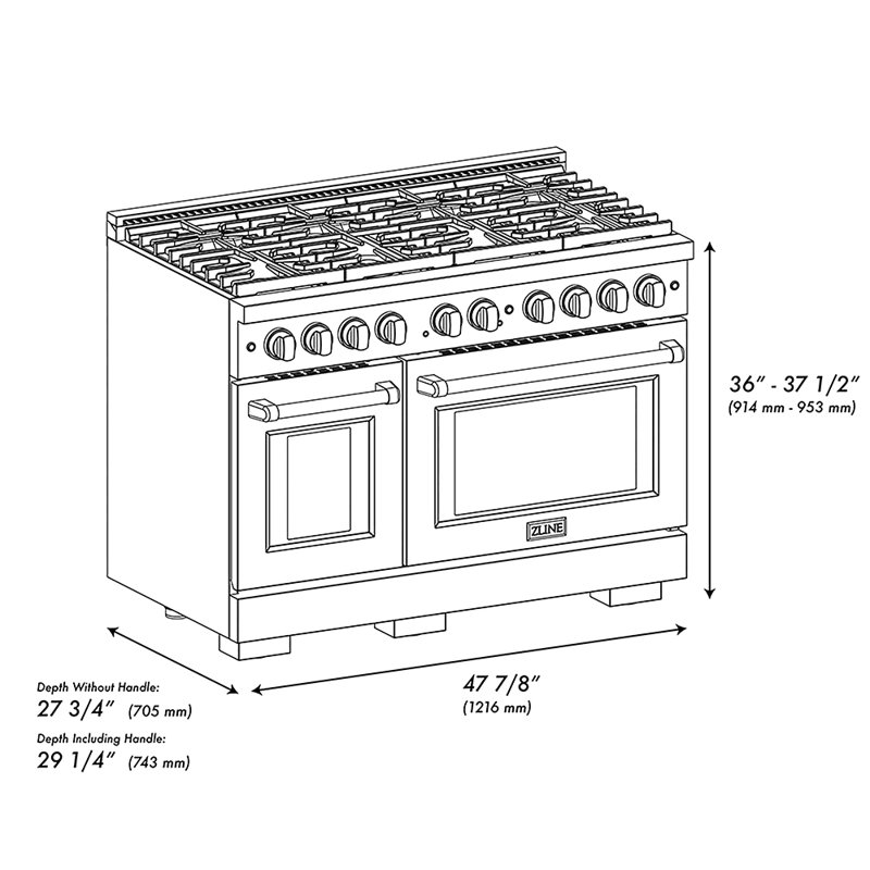 ZLINE Autograph 48 in. Paramount DuoPro Gas Range in Black Steel with Polished Gold Helix Handles, Polished Gold