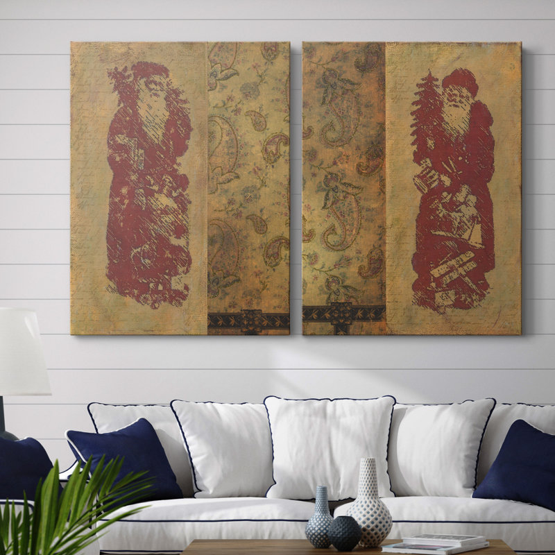 Vinatage Santa I - ensemble de 2 peintures, H 20 po x l 32 po x P 1 po, Toile tendue, Pas de tapis