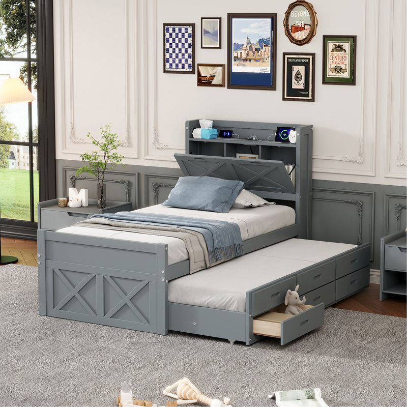 Lit en bois avec tête de lit avec prises de courant, lit extensible avec lit gigogne simple avec trois tiroirs de rangement