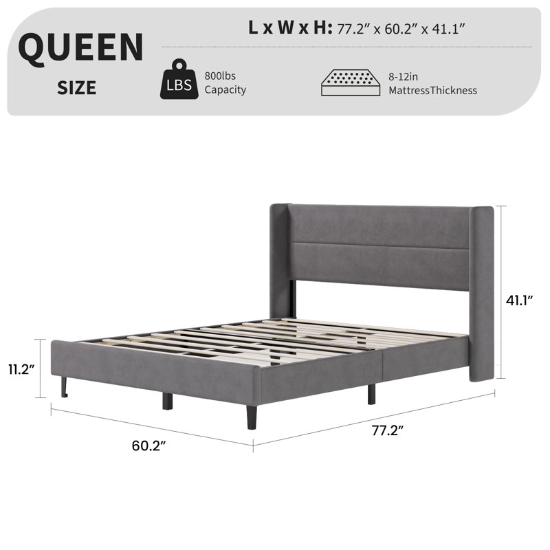 Queen Bed Frame with Wingback Headboard, Velvet Upholstered Platform Bed Frame with Sturdy Wooden Slats Support, No Box Spring Needed, Easy Assembly, Grey