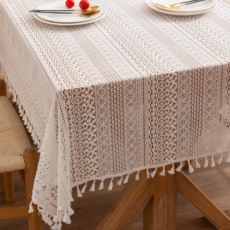 High Quality Washable Wrinkle Free Lace Tablecloth With Tassel, 78" L x 55" W