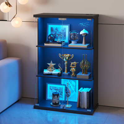 Display Cabinet With Tempered Glass Doors, Rgb Lights And Human Body Sensor, 3-Tier Bookcase