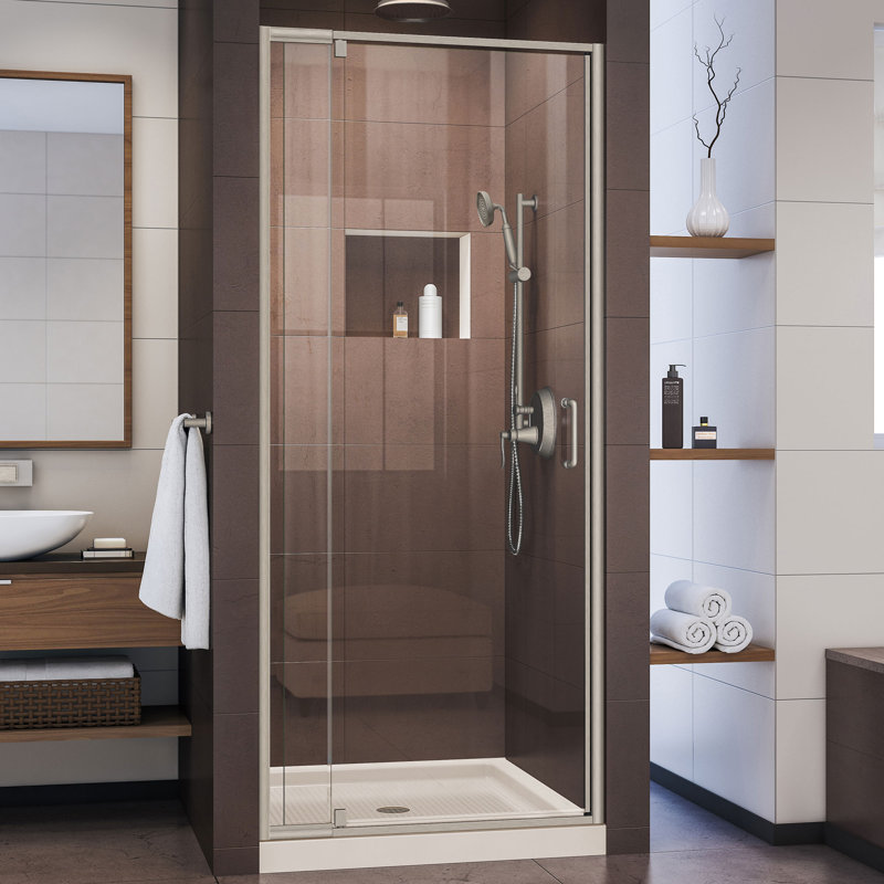 DreamLine Flex P 36 po x l 36 po x H 74 3/4 po Porte de douche semi-cadrée en chrome avec base de douche Biscuit, Au centre