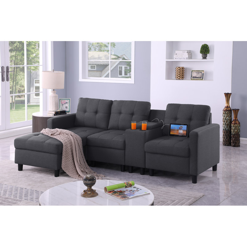 5 Piece Upholstered Sofa With Ottoman And Storage&cup Holder& Usb Ports Stand Console, Dark Gray