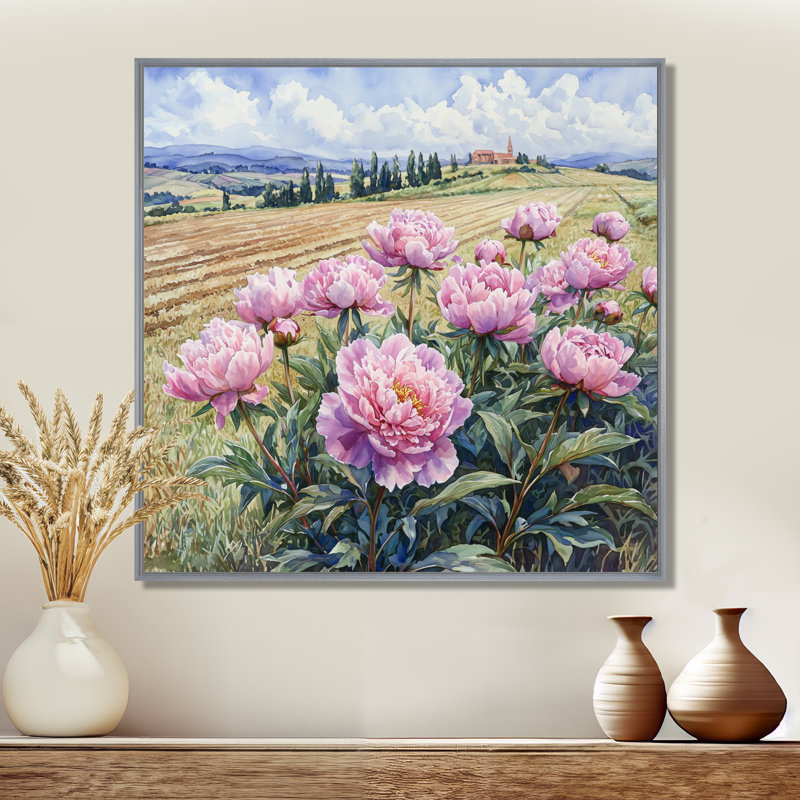 Pivoines par le champ de cultures I - pivoines, art mural, Impression encadrée flottante, Argent argent, H 16 po x l 16 po