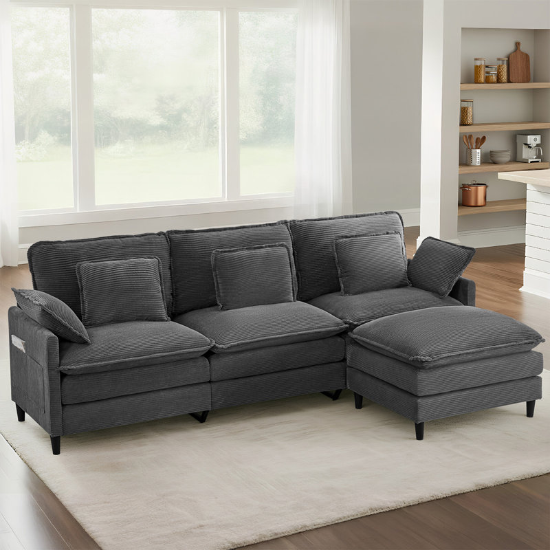 4-Piece 110.6" Corduroy Modular Upholstered Sectional Sofa Deep Seat Cloud Couch With Ottoman, Gray Corduroy