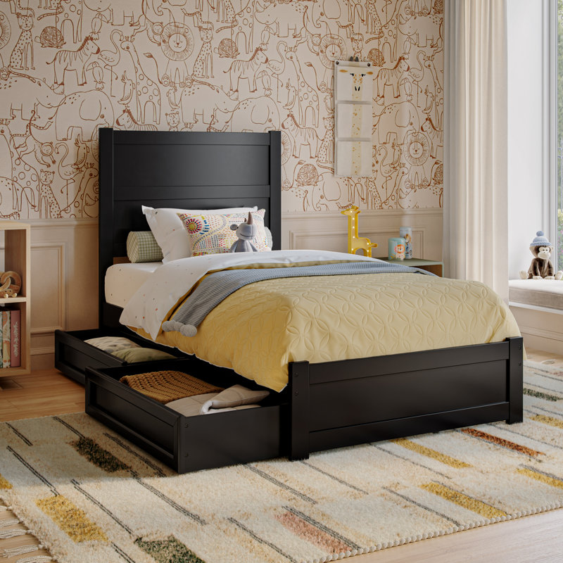 Aveline Wood Platform Bed with Storage Drawers, Twin, Black