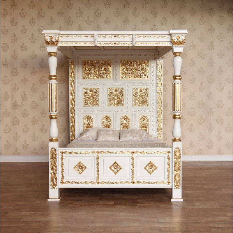 Solid Wood Bed, Kingsize (5'), White & Gold