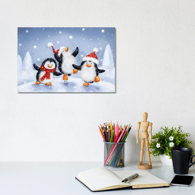 «Three Penguins II» par Makiko - peinture sur toile tendue, H 8 po x l 12 po x P 0,75 po
